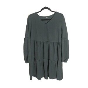 Women's Size M Green Tiered Long Sleeve Dress V-Neck Babydoll Cute Casual Simple
